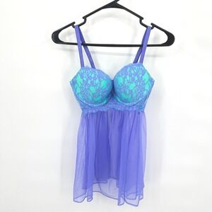 Victorias Secret Babydoll 36C Purple Fairy Lace Sheer Underwire Chemise Lingerie
